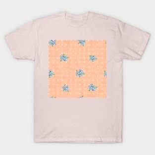 Blue Forget Me Nots Polka Dots on Peach Fuzz Abstract Floral T-Shirt